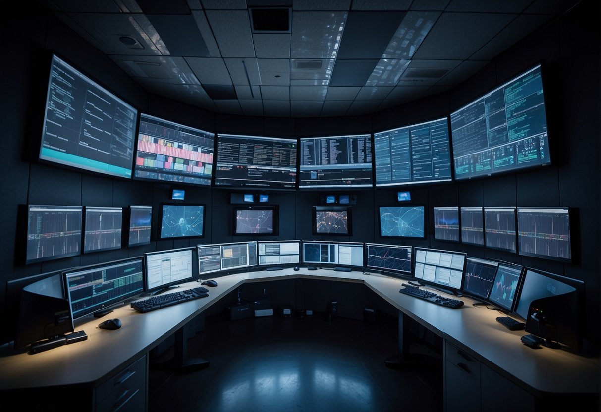 A control room with multiple screens displaying real-time data from microservices, while logs are being monitored and analyzed for risk management in a scalable clearing system