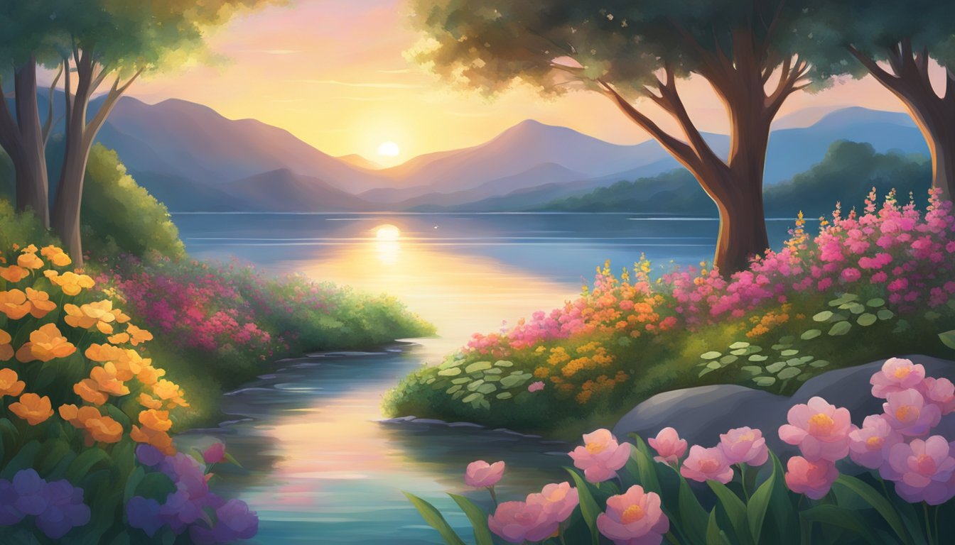 A serene landscape with a glowing sunrise over a tranquil body of water, surrounded by lush greenery and colorful flowers