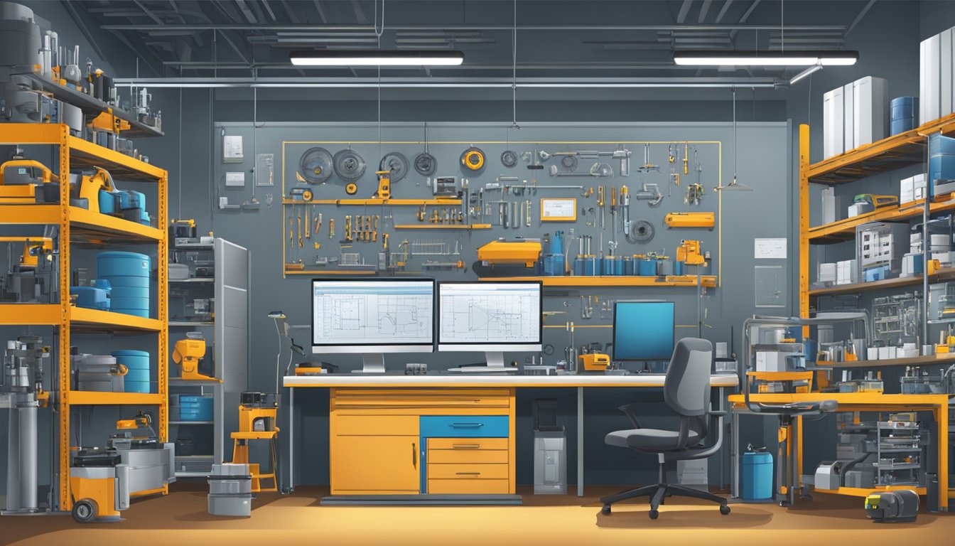 A busy workshop with tools and machinery, shelves of parts, and a computer displaying technical diagrams