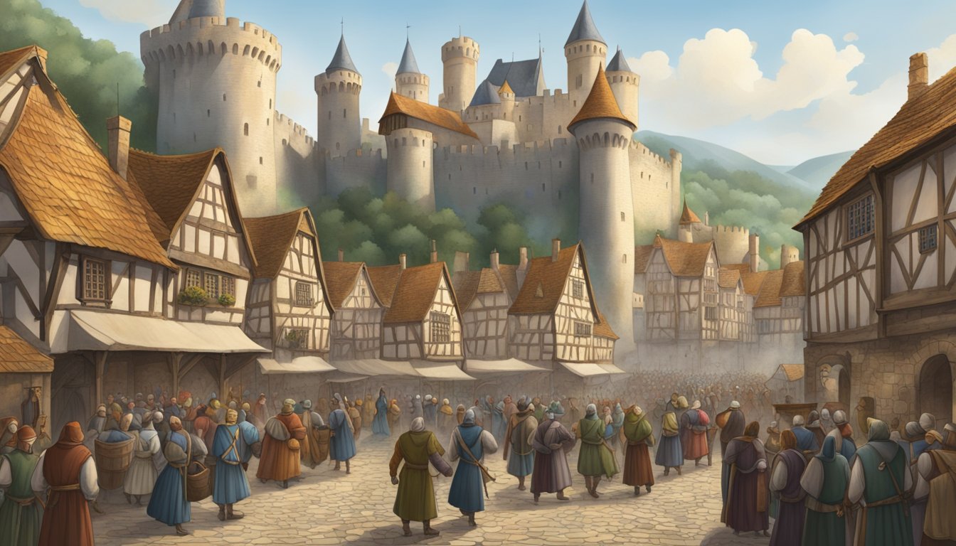 The historical events of the year 1203 depicted in a bustling medieval town with a castle in the background