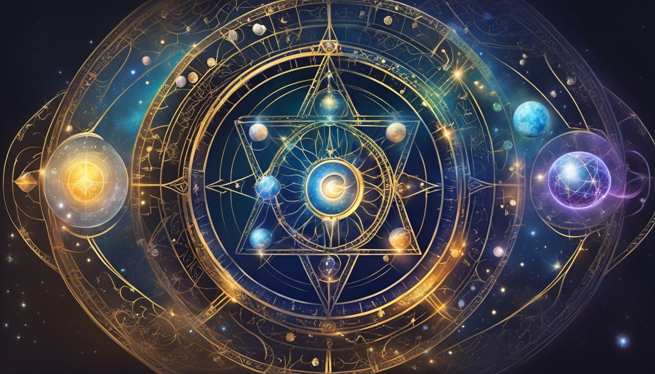 A mystical symbol surrounded by celestial elements, representing the interconnectedness of numerology and the universe