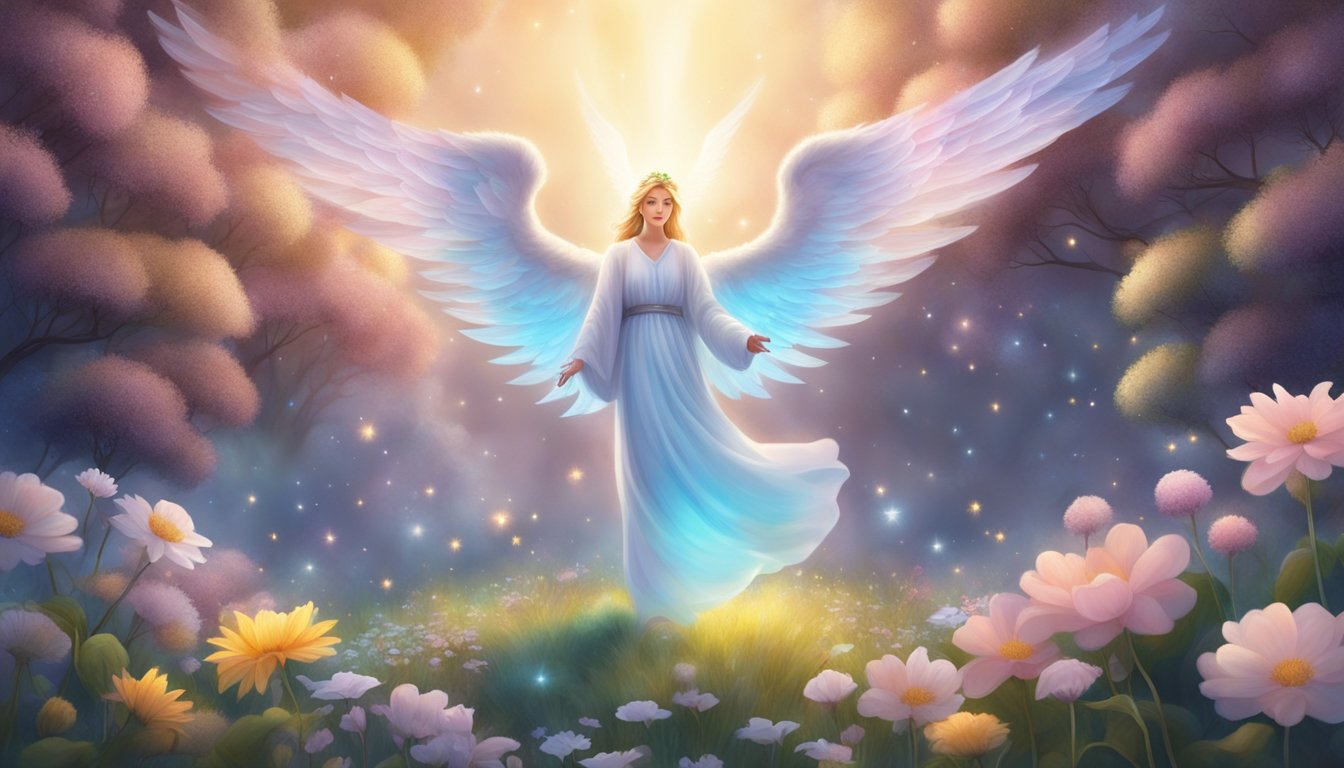 A glowing angelic figure hovers over a peaceful garden, surrounded by blooming flowers and serene animals.</p><p>The number 1219 shines brightly in the sky
