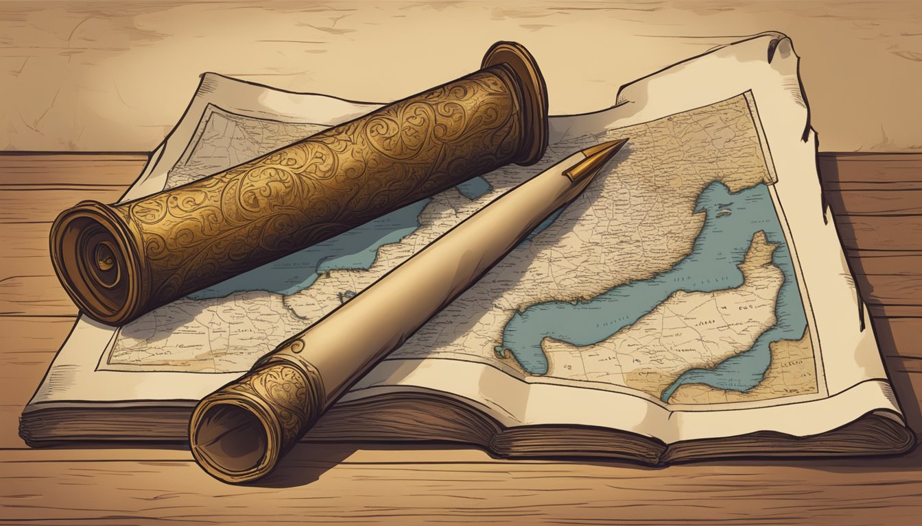 A historical event in 1219 depicted with a scroll, a quill, and an old map on a wooden desk