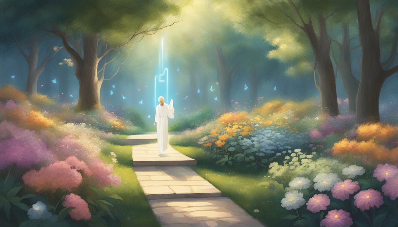 A serene garden with a pathway leading to a glowing angelic figure surrounded by ethereal light, while the numbers "1230" float in the air