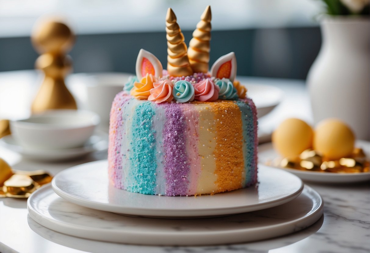 A unicorn cake being decorated with pastel frosting, edible glitter, and colorful fondant horns and ears on a clean, white marble countertop