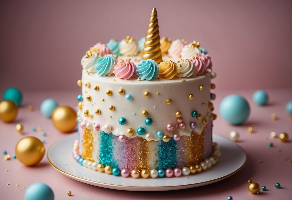 A unicorn cake adorned with pastel-colored frosting, edible glitter, and a golden horn, surrounded by rainbow sprinkles and shimmering edible pearls