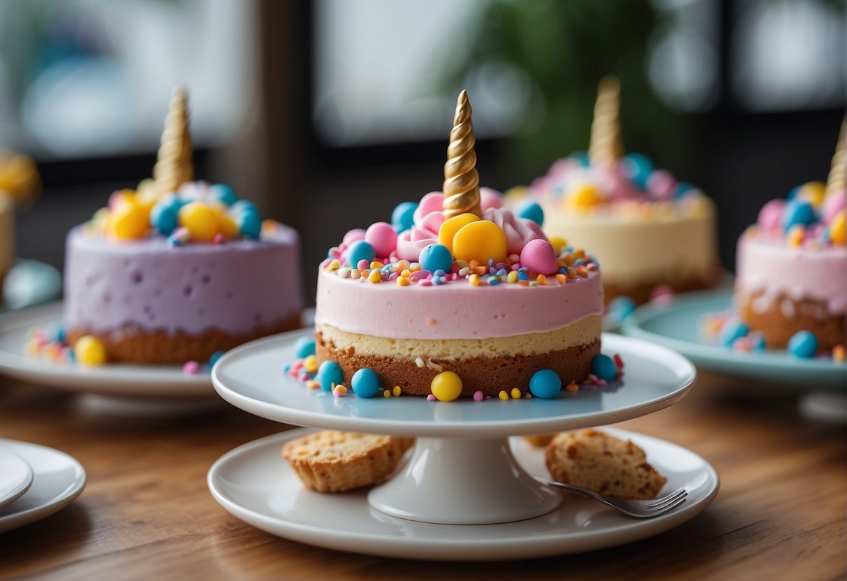 A table displays various unicorn cake flavors and recipes with colorful toppings and decorations