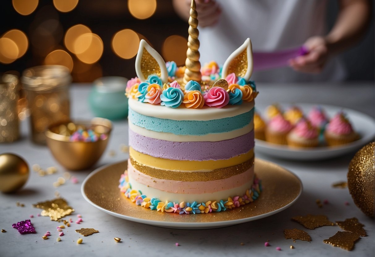 A unicorn cake being decorated with colorful frosting, edible glitter, and fondant horn and ears. Rainbow sprinkles and gold accents adorn the cake