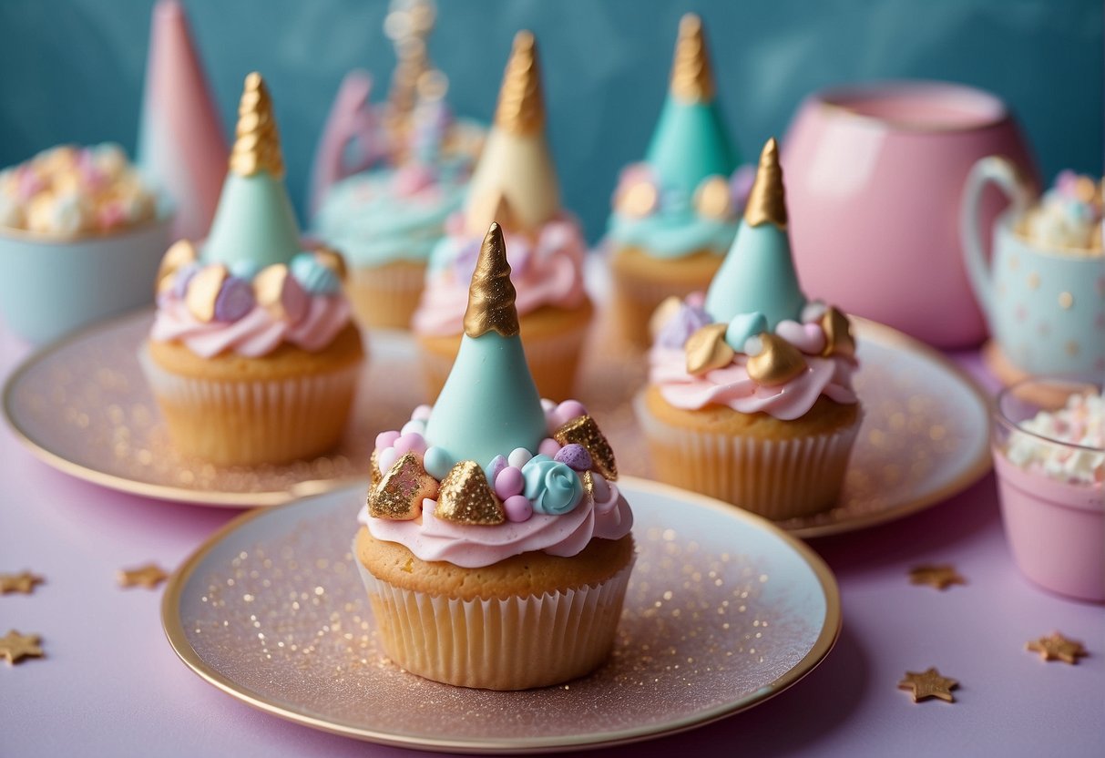 A table adorned with unicorn-themed desserts and cakes in pastel colors, adorned with edible glitter and fondant unicorn horns and ears