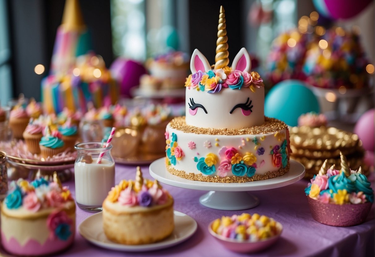 A table filled with colorful unicorn cake designs, surrounded by party decorations and excited event planners