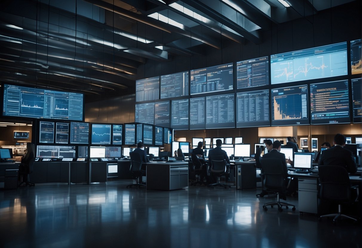 A bustling trading floor with digital screens displaying various assets. Clearing and settlement processes are depicted through interconnected arrows and streamlined workflows
