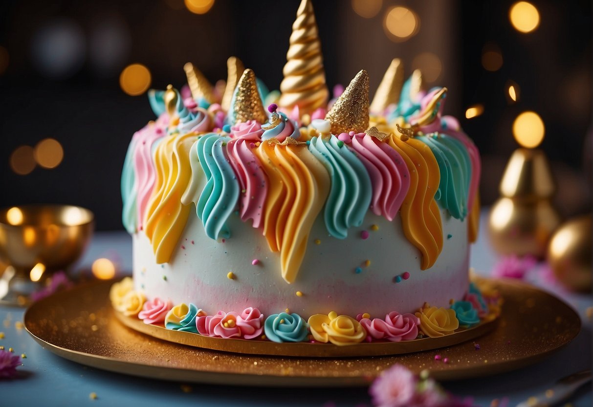 A colorful unicorn cake stands on a table, adorned with edible glitter, fondant ears, and a golden horn. Rainbow-colored frosting swirls around the cake, creating a magical and whimsical look