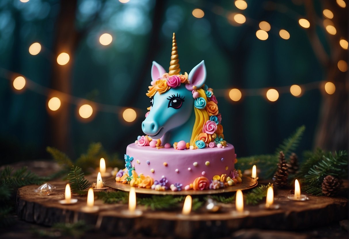 A colorful unicorn cake surrounded by magical elements like stars, rainbows, and sparkles, with a whimsical backdrop of a enchanted forest or mystical castle