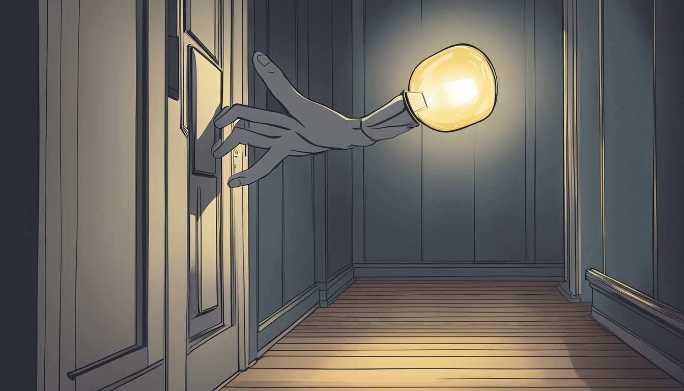 A hand reaching for a light switch in a dark room