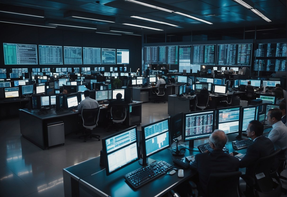 A bustling trading floor with digital screens displaying real-time data. Automated robots efficiently processing cross-asset trades. Advanced technology streamlining post-trade operations
