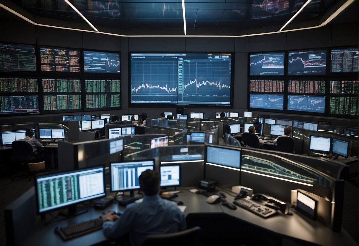 A bustling trading floor with screens displaying trading volume data, while staff manage liquidity processes