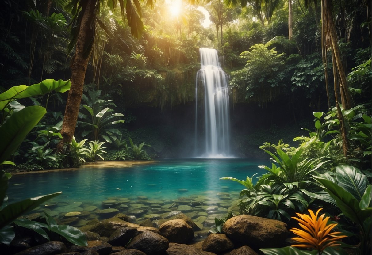 Lush jungle with exotic flora and fauna, a vibrant waterfall cascading into a crystal-clear pool, colorful birds fluttering among towering trees