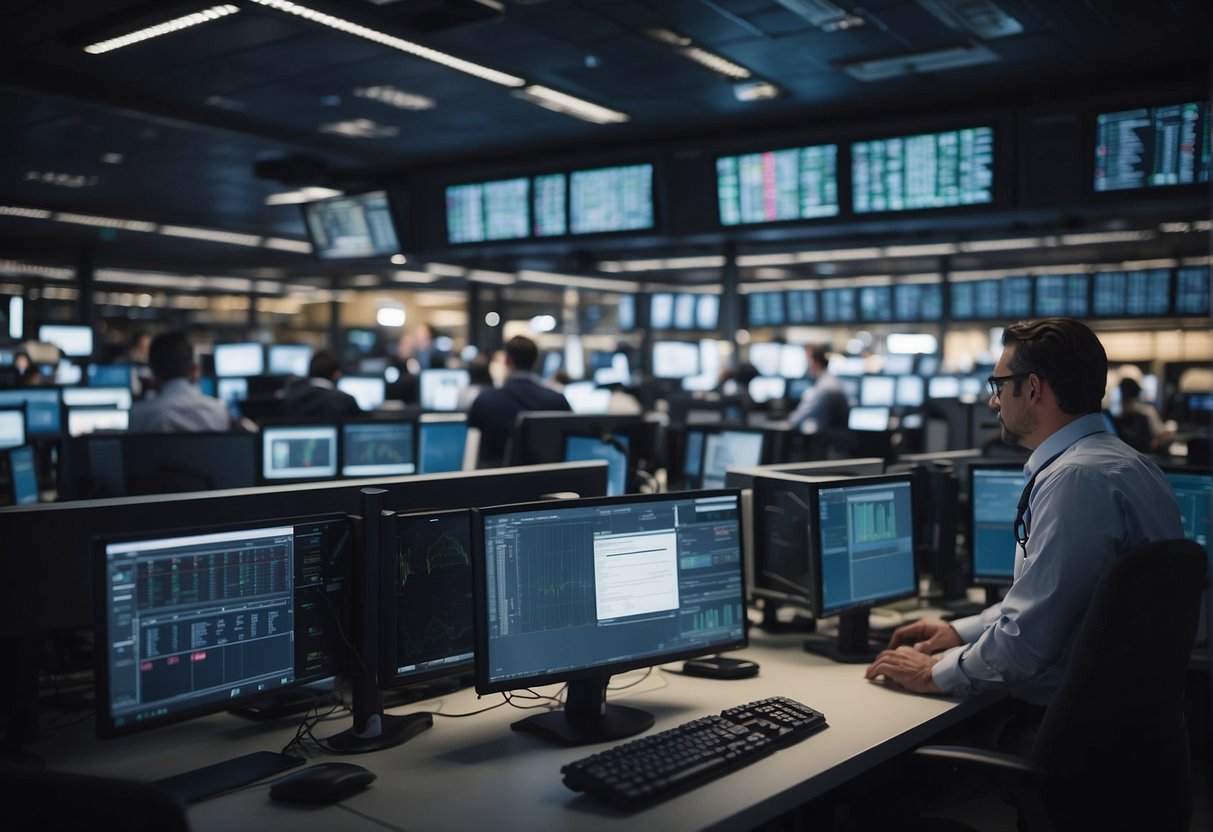 A bustling trading floor with various asset symbols, a network of interconnected systems, and a team of professionals working together to streamline post-trade processes