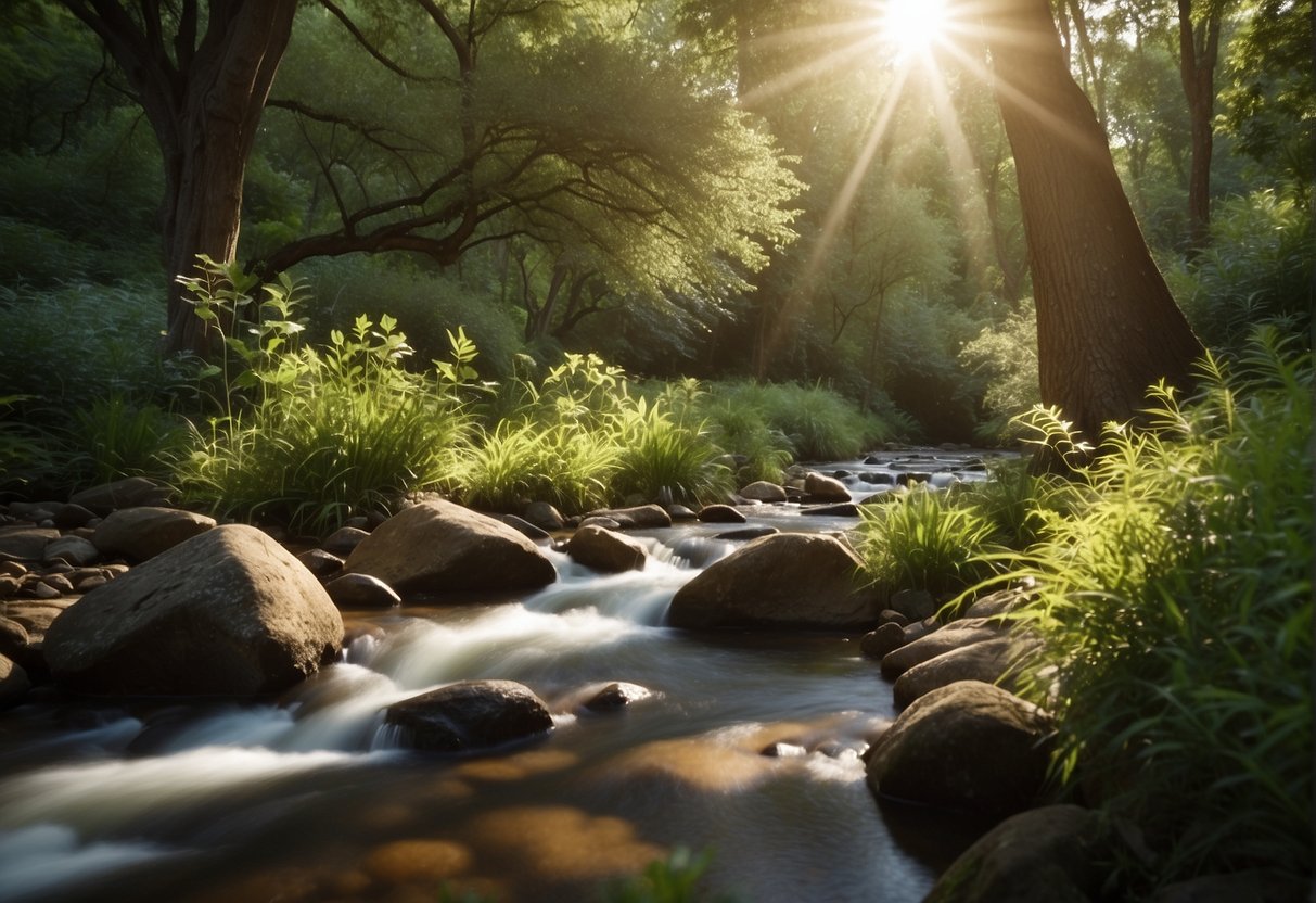 Lush greenery surrounds a tranquil stream, with sunlight casting warm, earthy tones on the natural landscape