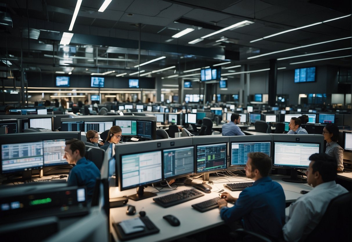 A bustling trading floor with various assets being processed and managed, with a focus on operational challenges and FAQ discussions