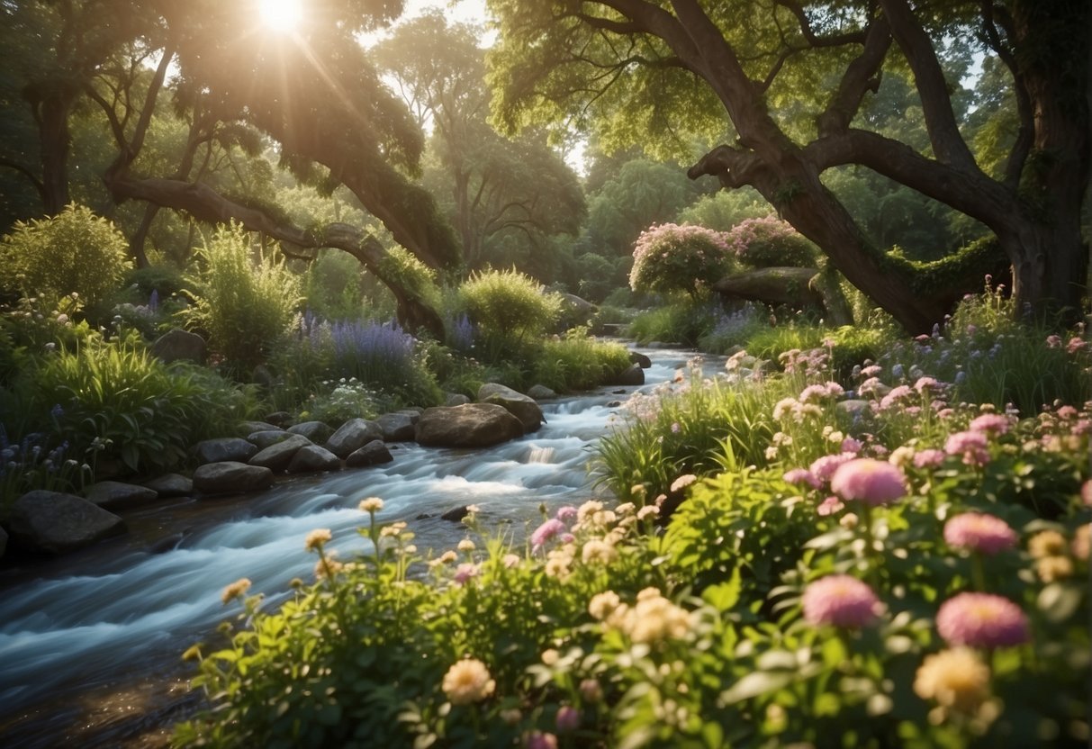 A vibrant garden with blooming flowers and lush greenery, surrounded by ancient trees and a flowing river, evoking a sense of natural wonder and connection to the earth