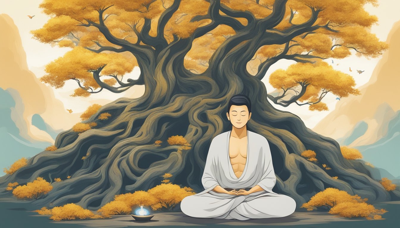 A serene figure meditates under a Bodhi tree, surrounded by symbols of enlightenment and spiritual significance