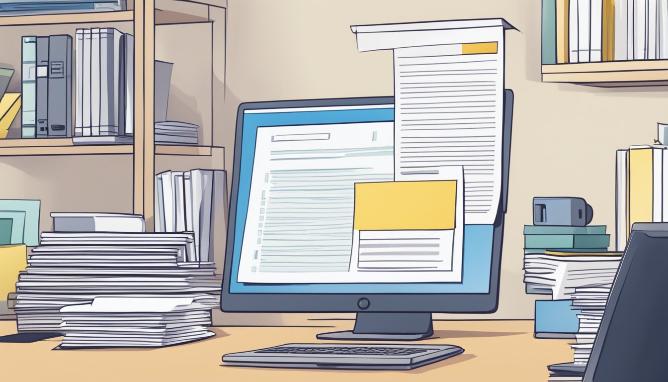 A stack of FAQ papers on a desk, with a computer monitor in the background displaying the number "157" prominently