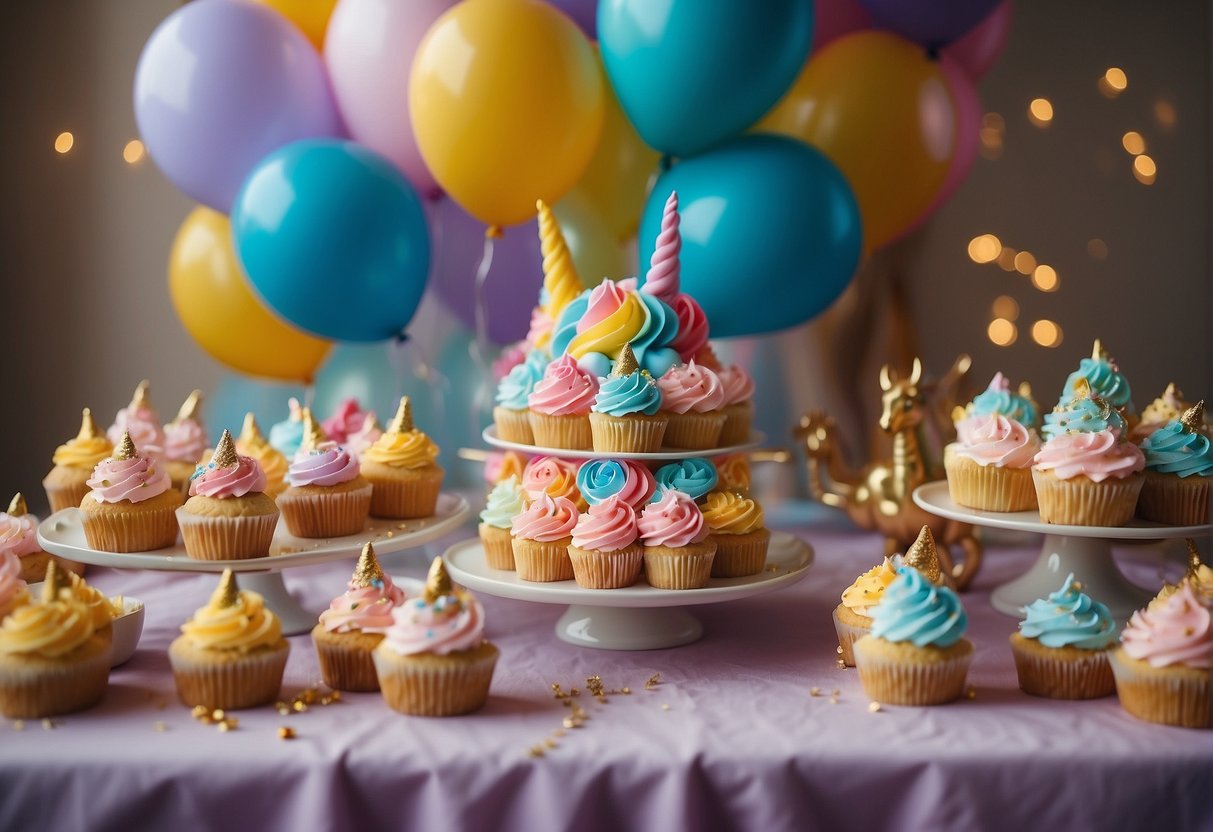 A table adorned with rainbow-colored cupcakes, unicorn-shaped cookies, and a frosted cake with a golden horn and pastel mane. Balloons and glittery decorations fill the room