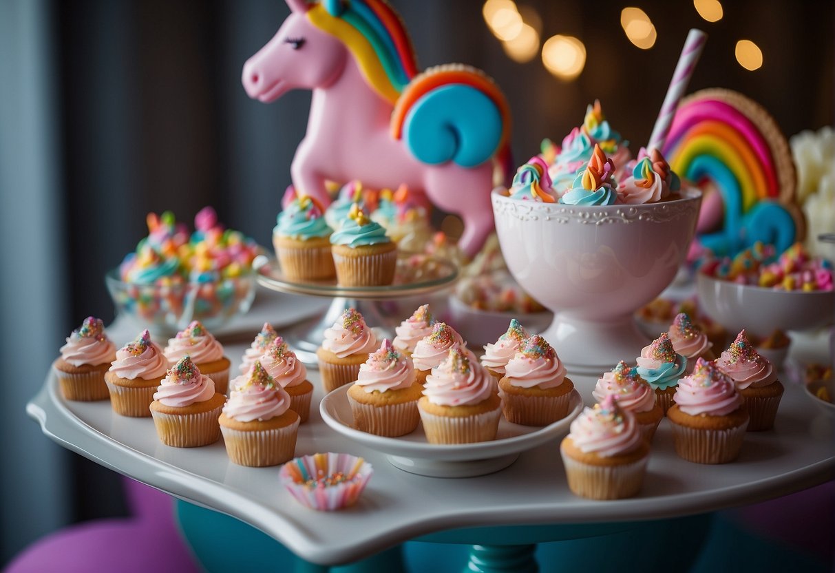 A table adorned with colorful unicorn-themed treats and decorations, including unicorn-shaped cookies, rainbow cupcakes, and a sparkling punch bowl