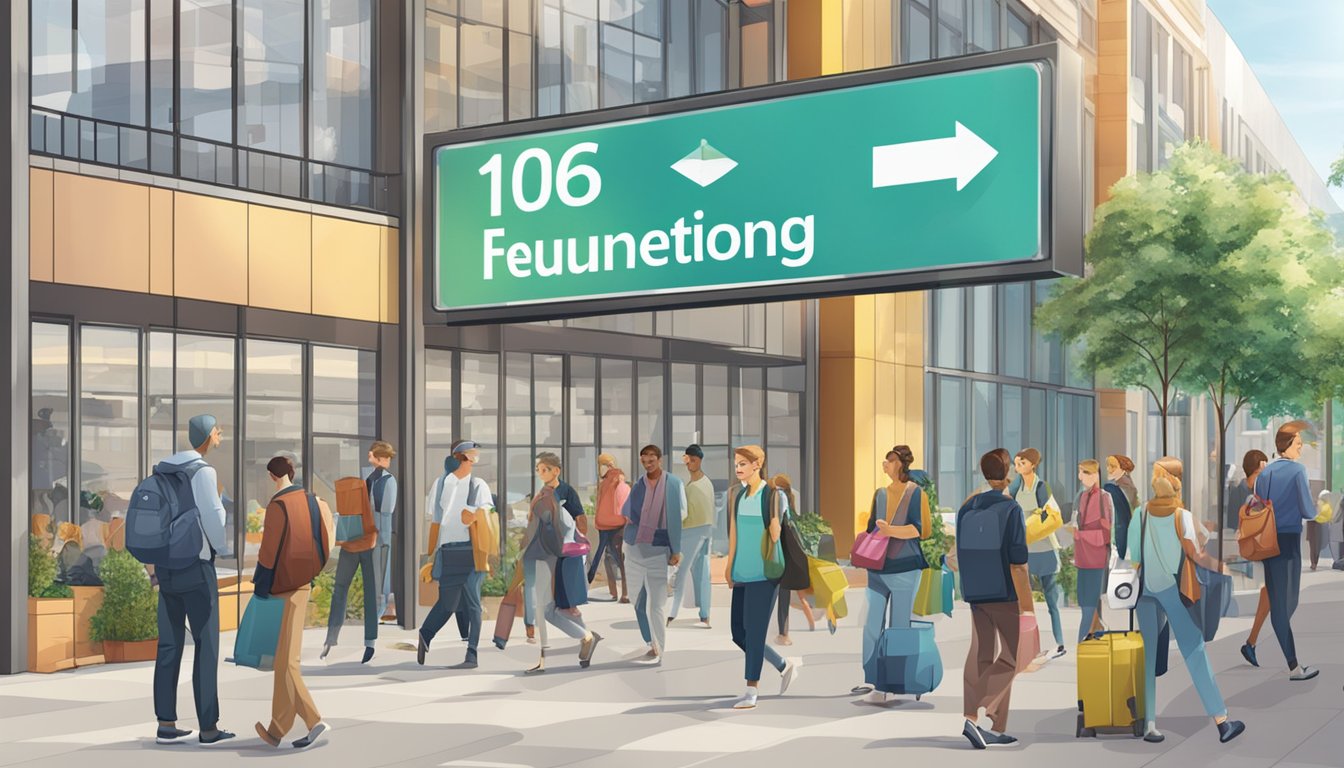 A large sign with "Frequently Asked Questions 166 Bedeutung" displayed prominently in a busy public area