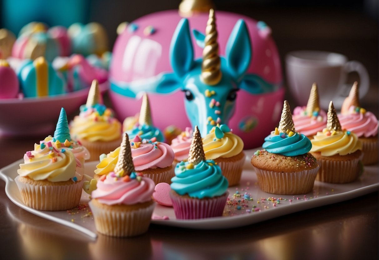 A table adorned with colorful unicorn-themed treats: cupcakes with horn-shaped candy toppers, rainbow-colored macarons, and a sparkling punch bowl