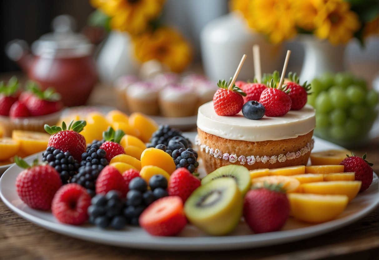 A table set with colorful fruit skewers, vegetable platters, and yogurt parfaits. A unicorn-themed cake and cupcakes are displayed on a separate table