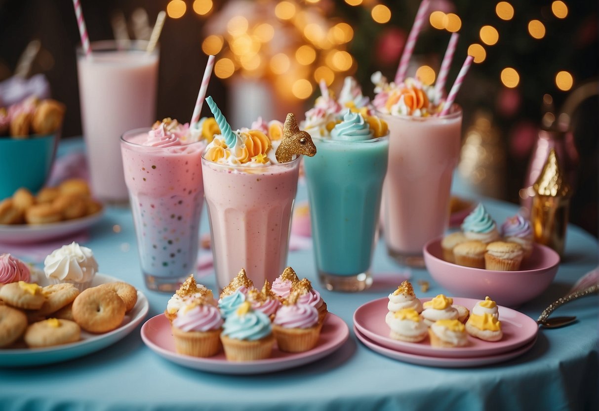 Colorful unicorn-themed beverages and whimsical party food spread on a table, adorned with sparkles and pastel colors