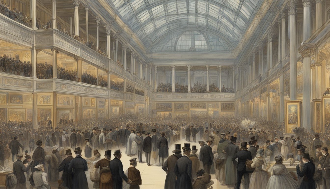 A bustling 1888 cultural scene with people gathering around a grand exhibition or performance, showcasing the importance of art and culture in society