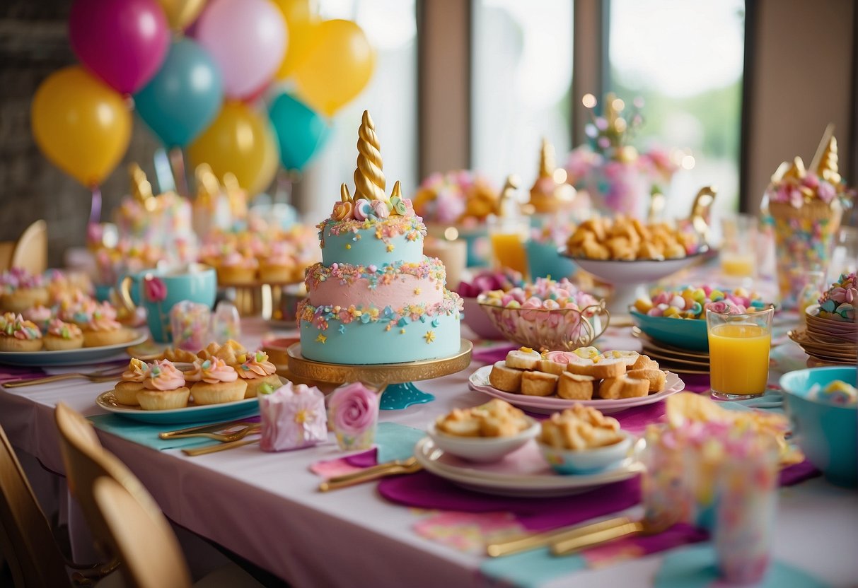 A table adorned with unicorn-themed party favors and colorful food spread out for a unicorn party