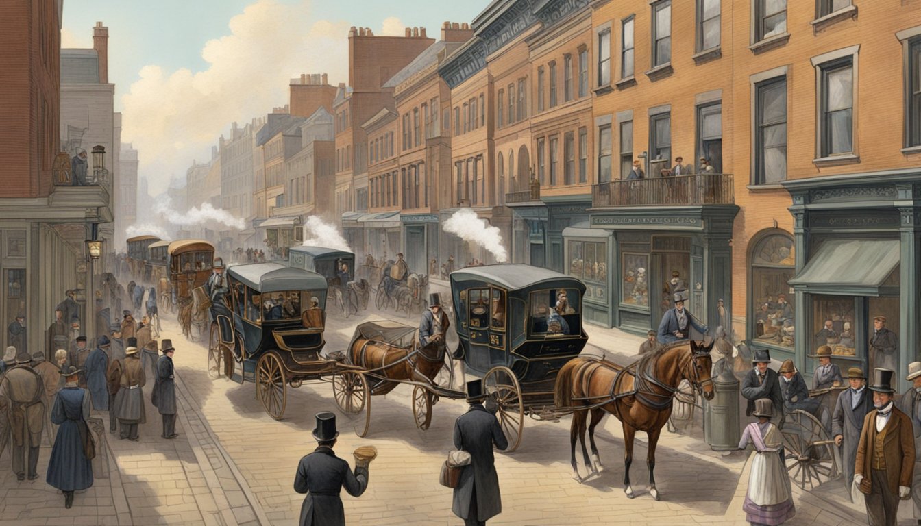 A bustling 1888 street scene with horse-drawn carriages, gas street lamps, and people in Victorian-era clothing
