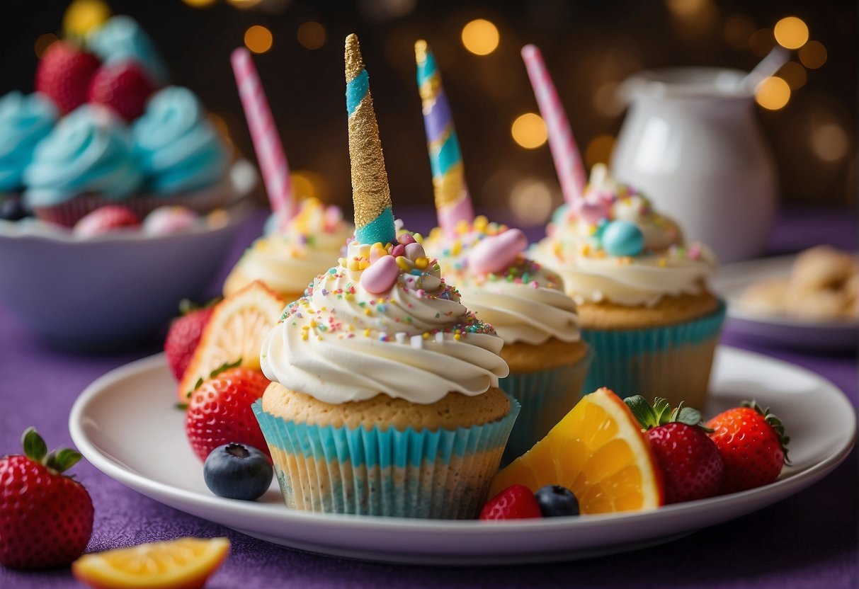 Unicorn-themed food spread with colorful cupcakes, rainbow fruit skewers, and glittery unicorn horn-shaped cookies. Sparkling drinks and a unicorn-shaped cake complete the magical display