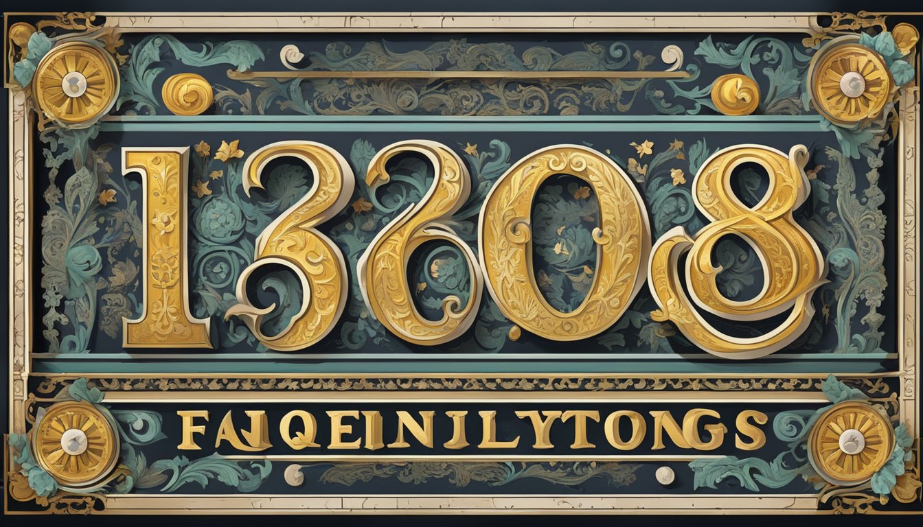 A vintage sign with "Frequently Asked Questions 1888 Bedeutung" in bold letters, surrounded by ornate designs and intricate patterns
