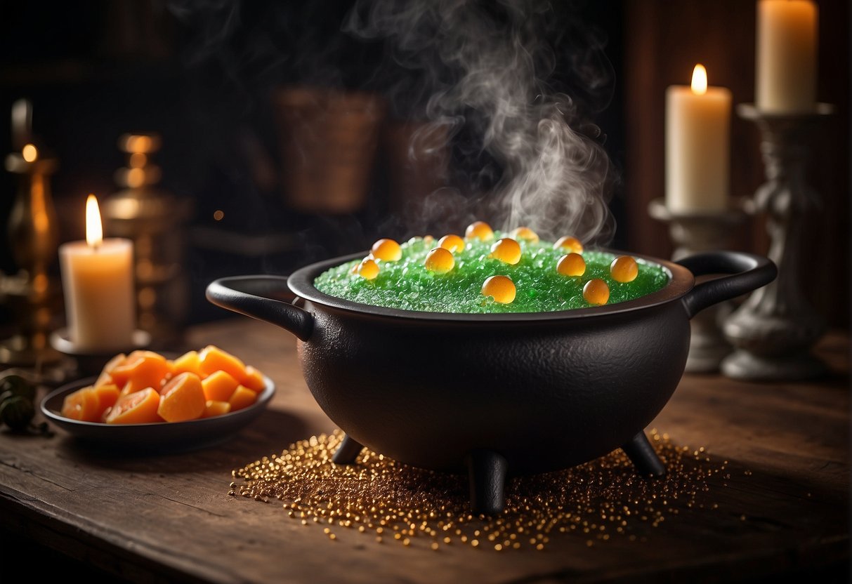 A cauldron bubbles with ingredients for hocus pocus cake: eye of newt, bat wings, and a sprinkle of magic dust