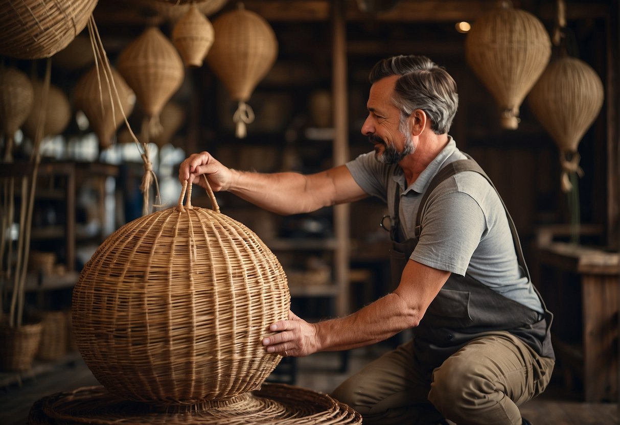 A craftsman assembles a wicker hot air balloon basket, weaving sturdy reeds and securing them with twine. The basket is spacious and sturdy, with a wide opening for passengers to enter and exit