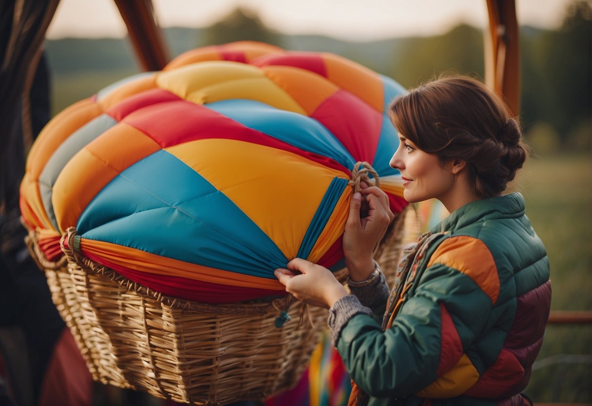A person decorates a hot air balloon basket with colorful fabric and custom designs