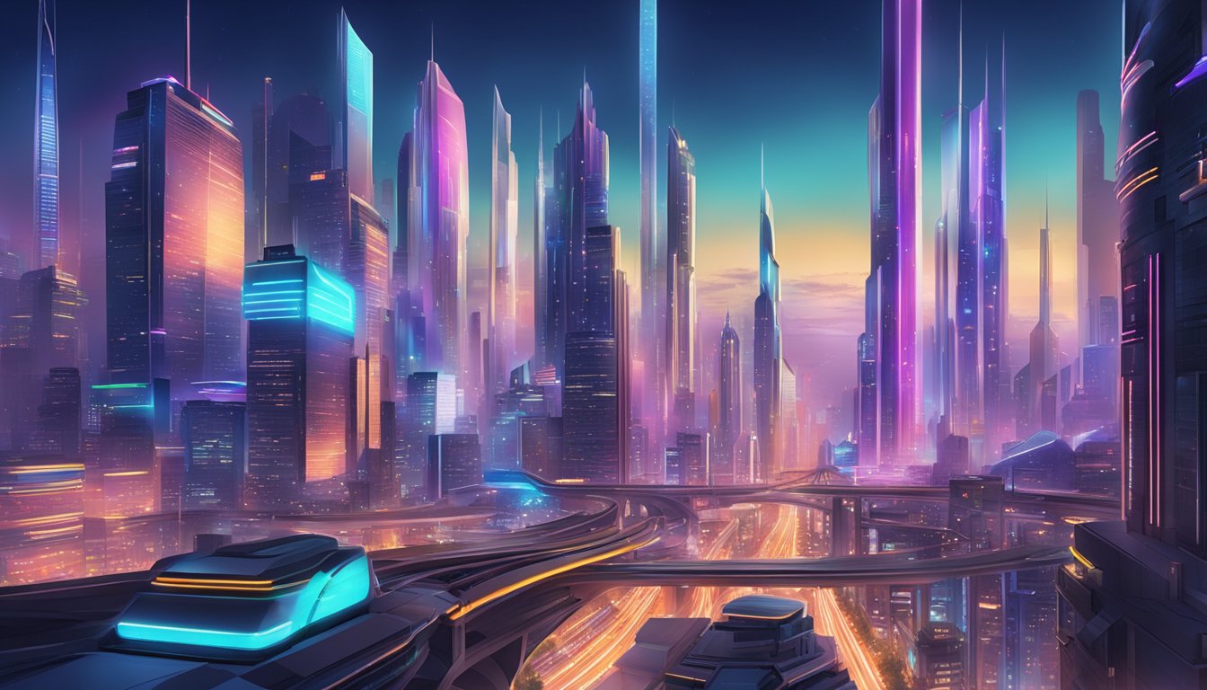 A futuristic cityscape with towering skyscrapers and sleek, advanced transportation systems, bustling with activity and illuminated by neon lights