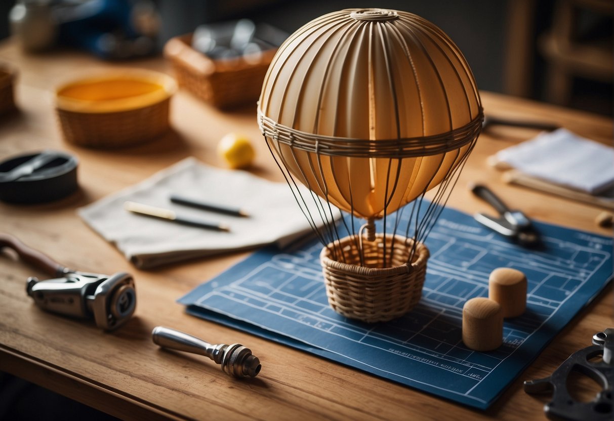 A hot air balloon basket being constructed with tools and materials laid out on a workbench, with a blueprint or instruction manual nearby
