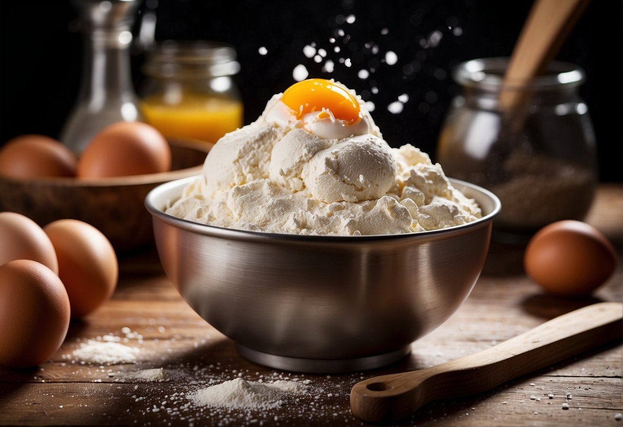 A mixing bowl filled with flour, sugar, and eggs. A whisk and spatula sit nearby, ready for action. Ingredients for Hocus Pocus Cake line up neatly on the counter