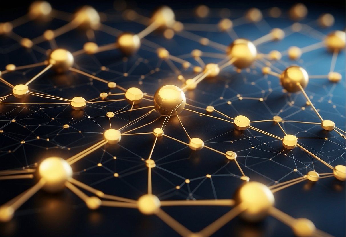 A network of interconnected nodes and data flows, symbolizing efficiency and transparency in post-trade operations with blockchain technology