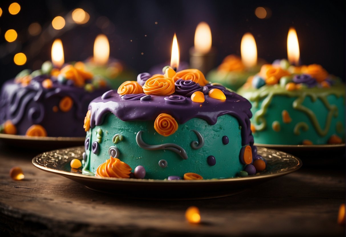 A table adorned with various hocus pocus cake variations, each decorated with whimsical swirls, sparkles, and magical symbols
