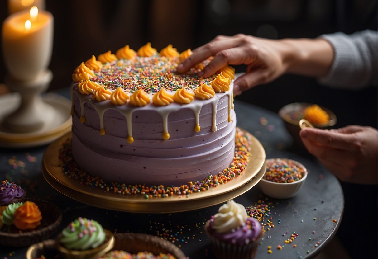 A baker adds sprinkles and frosting to a magical cake, following the "Finishing Touches Hocus Pocus" recipe