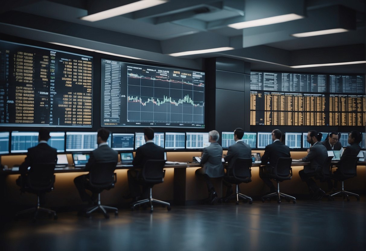 A bustling financial market with digital ledgers streamlining post-trade processes, eliminating intermediaries, and ensuring operational efficiency