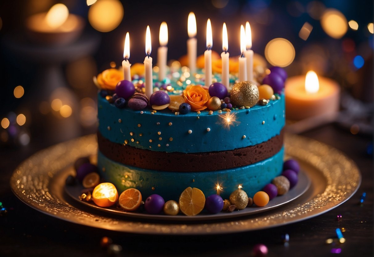 A colorful cake adorned with magical elements like wands, spell books, and sparkles. The cake is surrounded by mystical decorations and enchanting lighting