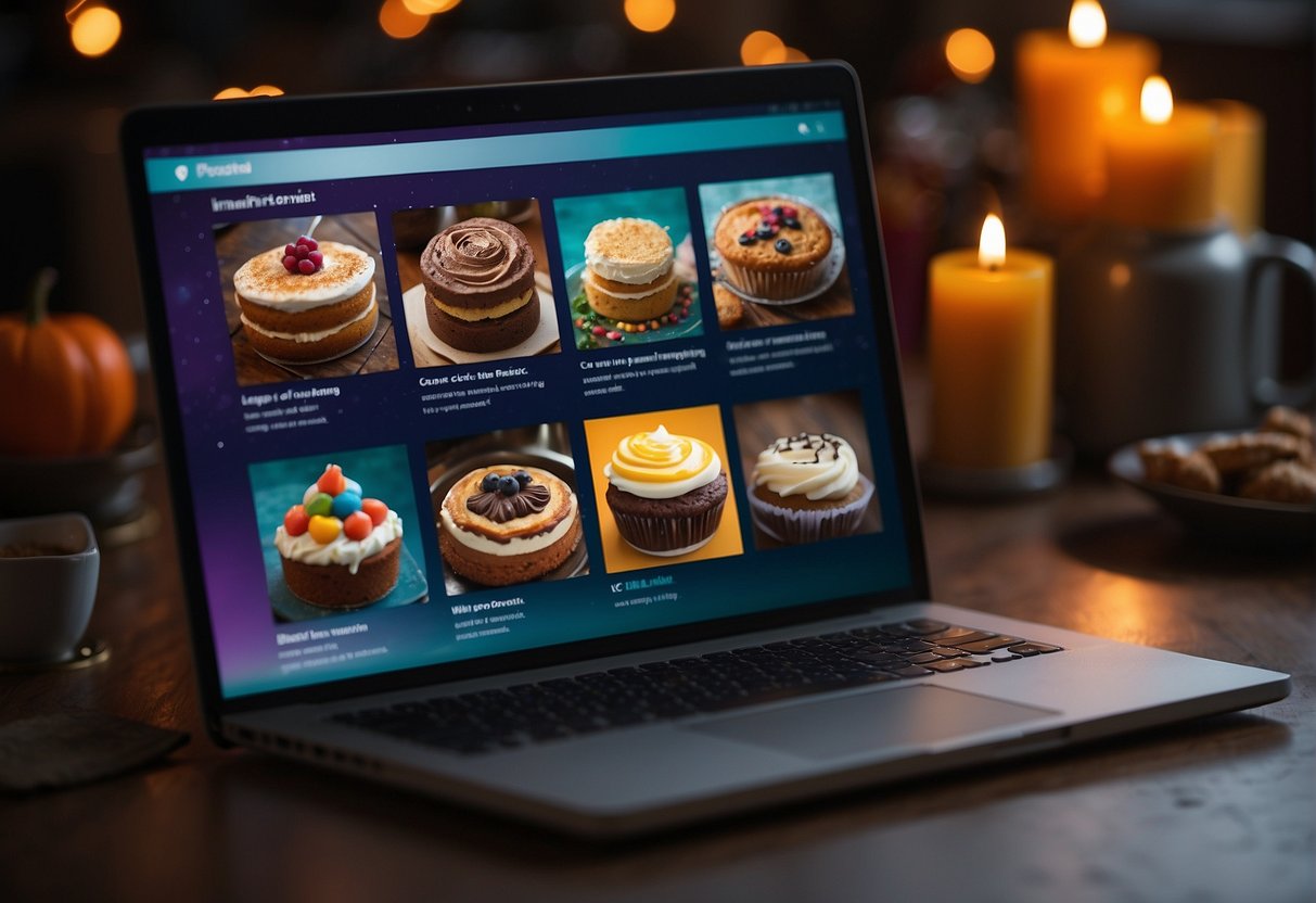 A computer screen displays a vibrant online community sharing hocus pocus cake recipes. Multiple tabs open with colorful recipe images and enthusiastic comments